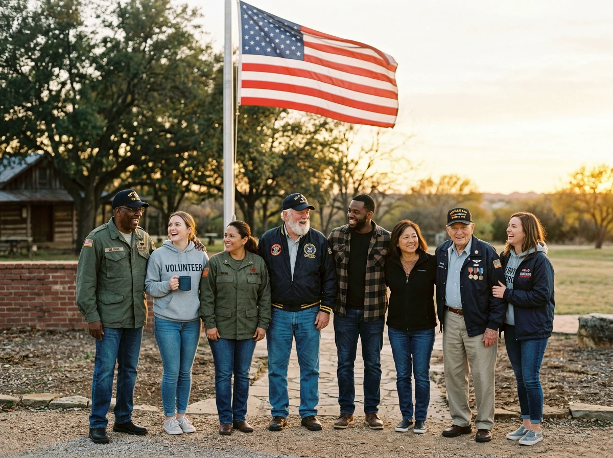 Veterans and volunteers together in front of an American flag