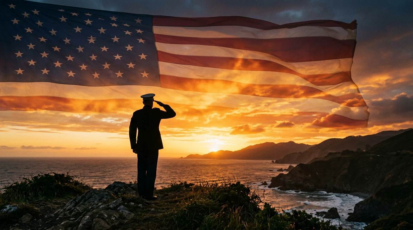 A veteran salutes beneath an American flag at sunset