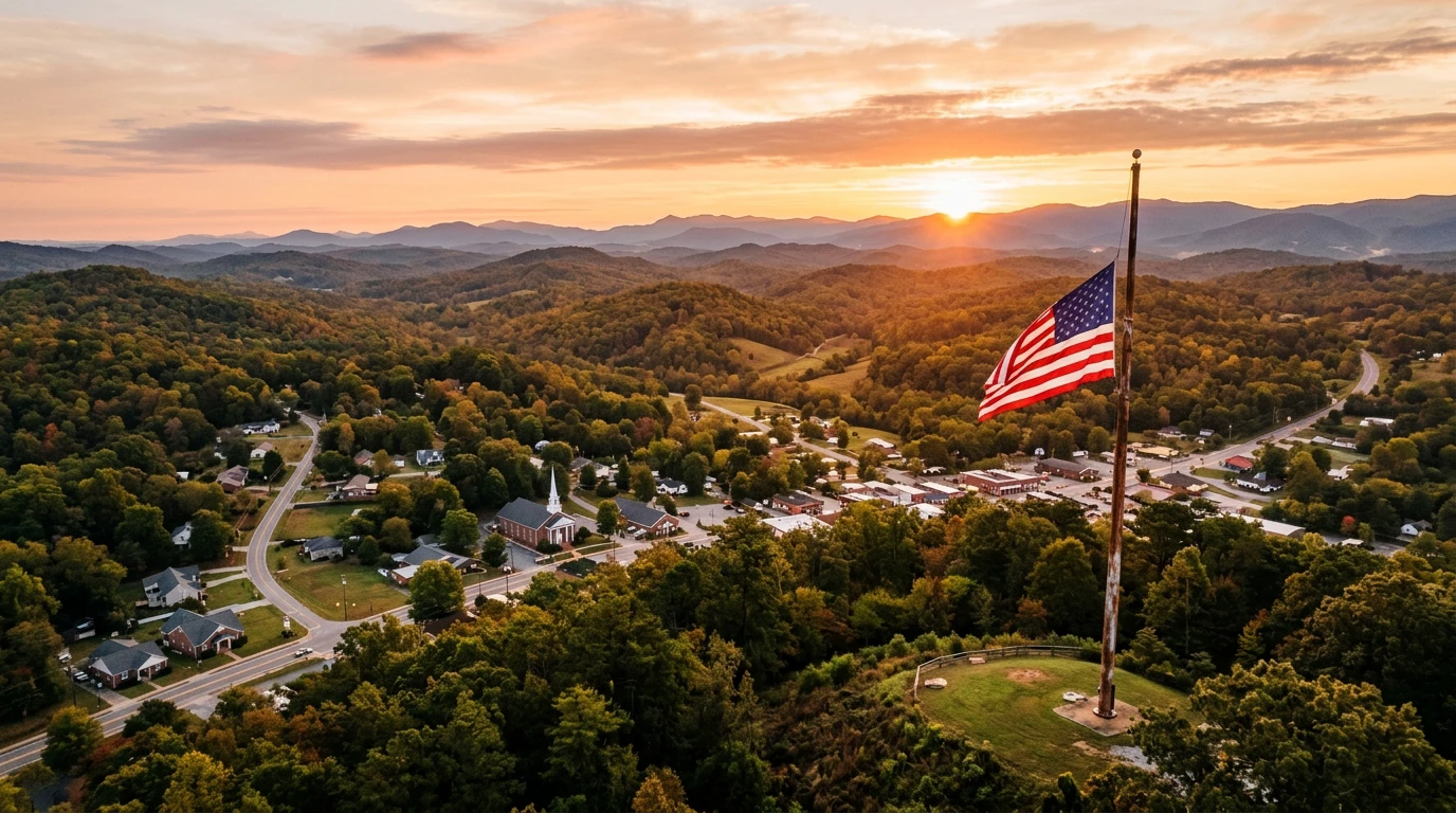 Upstate South Carolina foothills with an American flag at sunrise